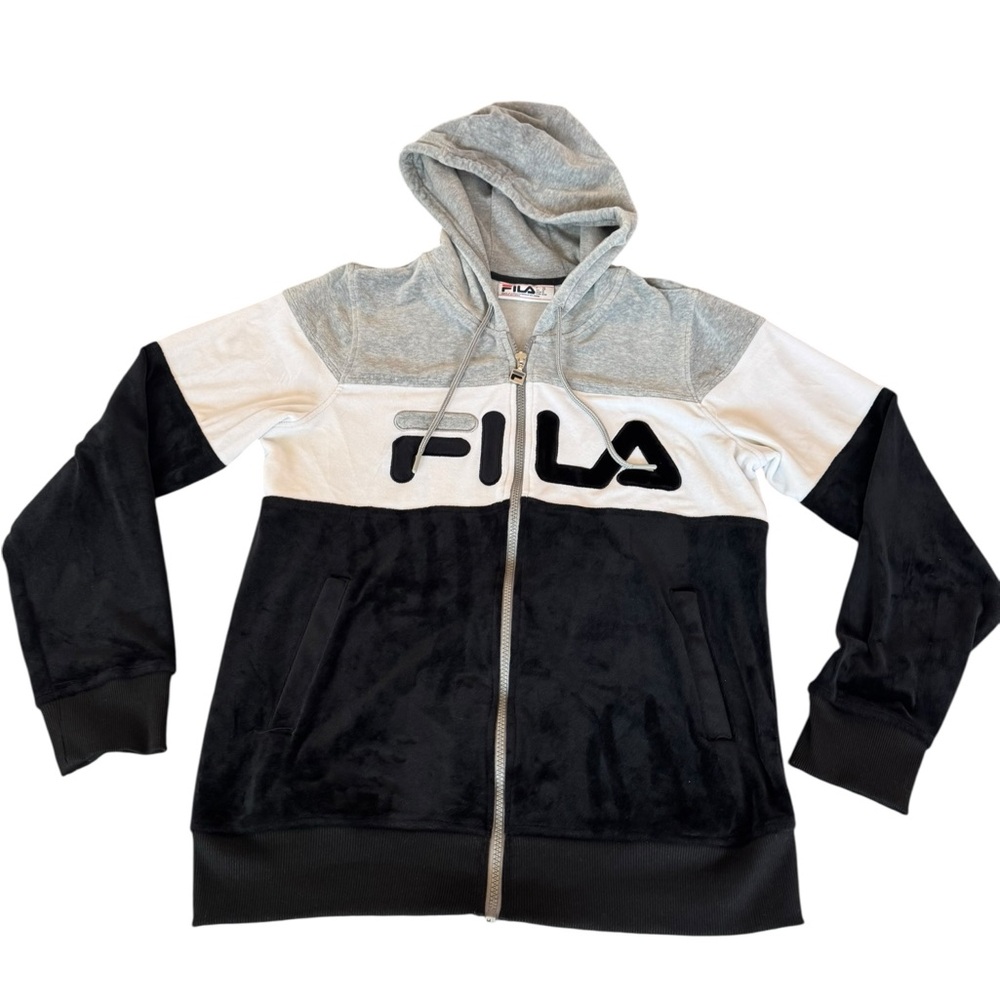 FILA Women’s Zip Up Hoodie Jacket Black White and Blue SZ M‎ Pockets Velour